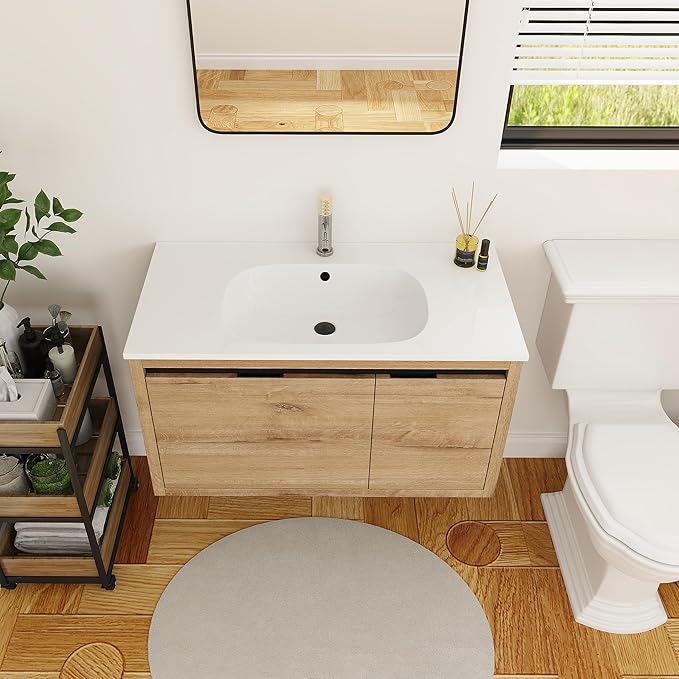 36 Inch Bathroom Vanity with Sink,Wall Mounted Bathroom Vanity Sink Combo w/Soft Close Door&Draw for Large Space,Modern Floating Bathroom Vanity w/Top Basin & Storage Cabinet,Brown