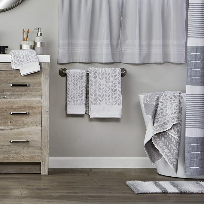 SKL Home Distressed Leaves Han Towel Set-2pc, 100% Turkish Cotton, Gray | 600 GSM weight. Spa-level quality. Soft & absorbent, reversible jacquard. For the bathroom, kitchen, bar or any sink space.