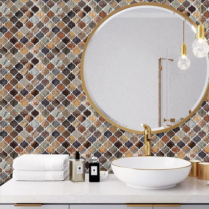 STICKGOO Arabesque Peel and Stick Backsplash, 12”X12” Backsplash Tile for Kitchen Peel and Stick, Self Adhesive Wall Tile Stick on Tiles (Thicker Design, Multicolor Sandstone)