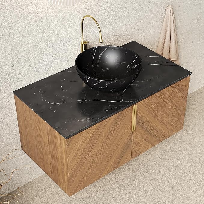 36 Inch Bathroom Vanity with Sink Combo, Floating Vanity Bathroom with Vessel Sink, Modern Bathroom Vanity Cabinet with Doors, Sintered Stone Countertop and Black Bowl Sink,Brown Oak