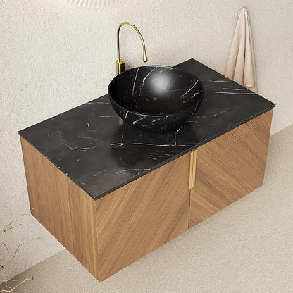 36 Inch Bathroom Vanity with Sink Combo, Floating Vanity Bathroom with Vessel Sink, Modern Bathroom Vanity Cabinet with Doors, Sintered Stone Countertop and Black Bowl Sink,Brown Oak