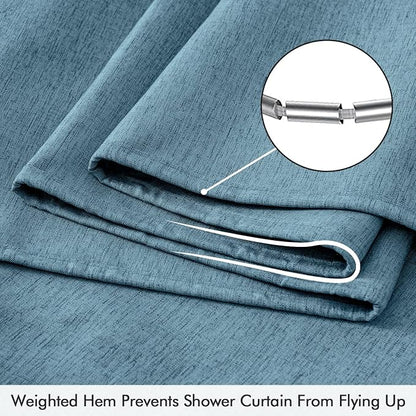 ANRODUO Moonlight Blue Linen Textured Fabric Shower Curtain Set - W72xL84 | Farmhouse Shower Curtain with 12 Metal Hooks, Waterproof Heavy Duty, Button Hole Design, Machine Washable for Bathroom