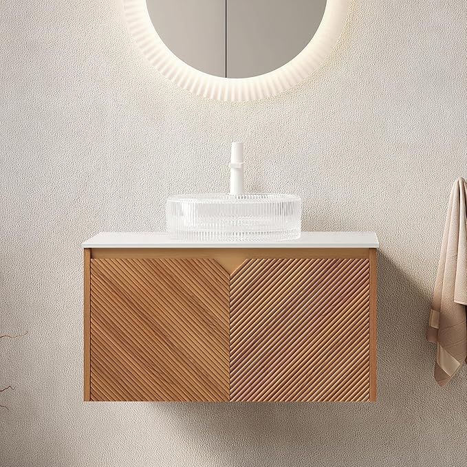 Floating Bathroom Vanity with Sink, 30 Inch Fluted Vanity with Vessel Sink, Modern Bathroom Vanity Cabinet with 2 Doors, Glass Vessel Ceramic Sink & Sintered Stone Top, Oak