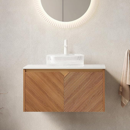 Floating Bathroom Vanity with Sink, 30 Inch Fluted Vanity with Vessel Sink, Modern Bathroom Vanity Cabinet with 2 Doors, Glass Vessel Ceramic Sink & Sintered Stone Top, Oak