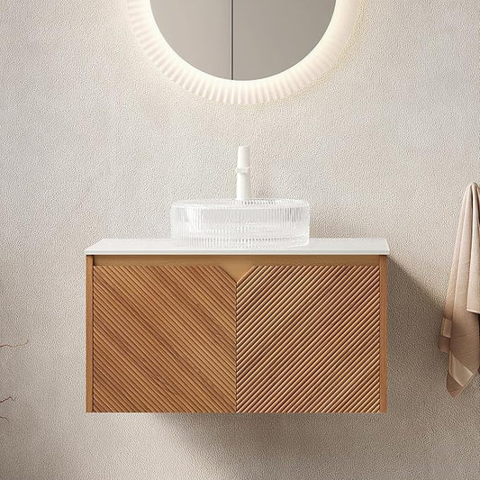 Floating Bathroom Vanity with Sink, 30 Inch Fluted Vanity with Vessel Sink, Modern Bathroom Vanity Cabinet with 2 Doors, Glass Vessel Ceramic Sink & Sintered Stone Top, Oak