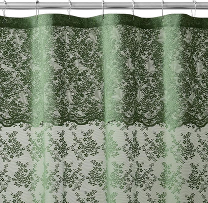 Green Lace Shower Curtain 36x72, Narrow Stall with Attached Valance | Sheer Shower Curtain with Scalloped, lets in soft light for Farmhouse Cottagecore Stalls, RVs and Small Bathrooms