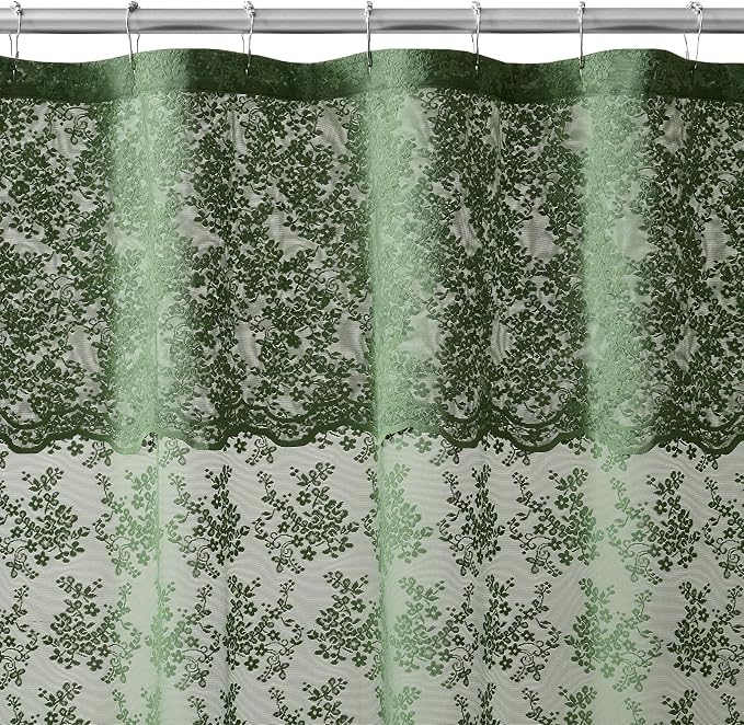 Green Lace Shower Curtain for Bathroom 72x72, Vintage with Attached Valance | Sheer Shower Curtain with Scalloped, Floral Lace, Decorative for Vintage Farmhouse, Cottagecore and Antique Bathrooms