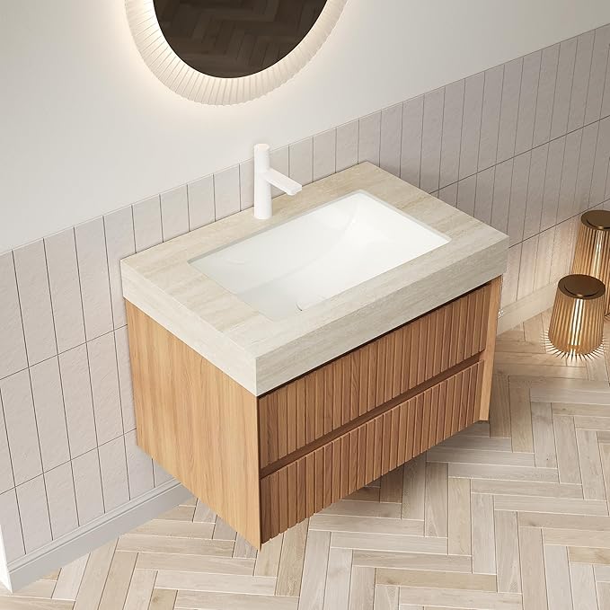 30'' Floating Bathroom Vanity with Sink, Wall Mounted Modern Cabinet W/Travertine-Pattern Sintered Top, Plywood & Solid Wood, Pre-Assembled with Undermount Ceramic Basin, Espresso Woodgrain