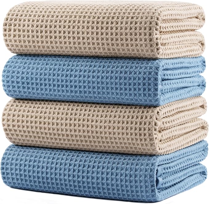 POLYTE 430 GSM Poly Blend Microfiber Quick Dry Waffle Bath Towel, 30x60 in | 4 Pack, Oversize, Lint Free, Body Towel