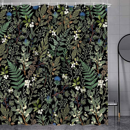Vintage Botanical Shower Curtain, Elegant Boho Gothic Dark Green Ferns Floral Leaves Shower Curtain for Bathroom, Retro Whimsical Cottage Core Wildflower Farmhouse Curtain Bathroom Accessories 72X72
