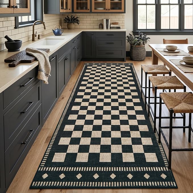 Garvee Washable Kitchen Runner 2x6 Checkered Black Non Slip Low Pile | Farmhouse Geometric Entryway Rug Soft Bathroom Rugs Stain Resistant Carpet for Laundry Bedroom