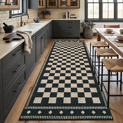 Garvee Washable Kitchen Runner 2x6 Checkered Black Non Slip Low Pile | Farmhouse Geometric Entryway Rug Soft Bathroom Rugs Stain Resistant Carpet for Laundry Bedroom