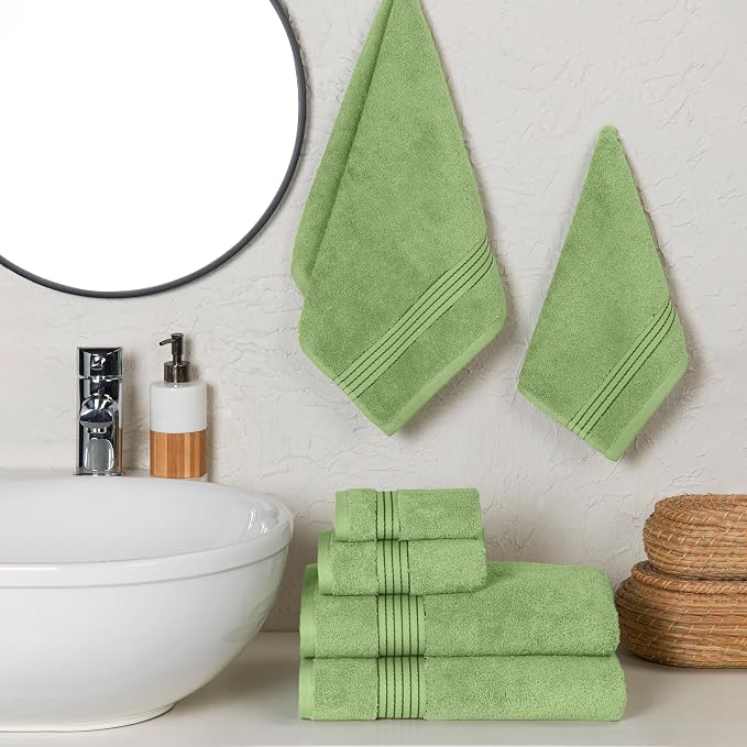 Elegant Comfort Premium Cotton 6-Piece Towel Set, Includes 2 Washcloths, 2 Hand Towels and 2 Bath Towels, 100% Turkish Cotton - Highly Absorbent and Super Soft Towels for Bathroom, Sage