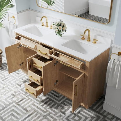60-Inch Bathroom Vanity with Double Sinks W/ 4 Doors & 4 Drawers & 2 Flip Drawers, Oak Vanity W/Brushed Gold Handles