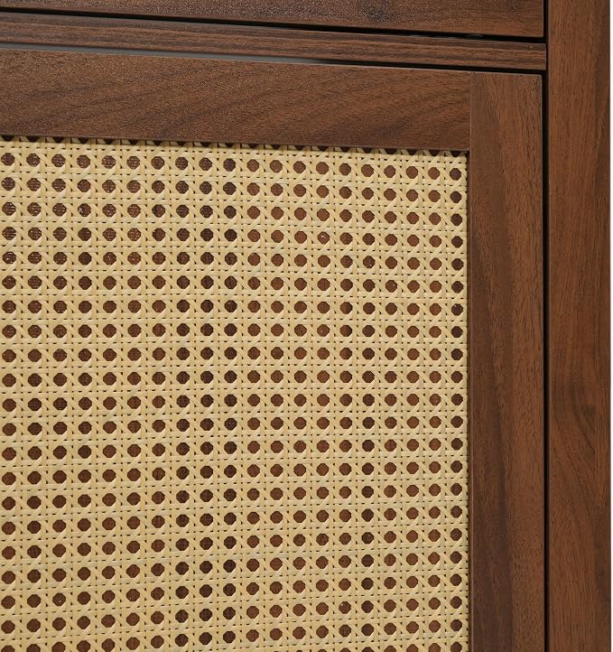 60 Inch Brown Bathroom Vanity with Single Sink,Large Rattan Bathroom Vanity with Spacious Countertop & Deep SMC Sink,with 5 Drawers & 2 Soft Closing Doors,Silver Knobs,Woven Front,8 in Faucet Hole