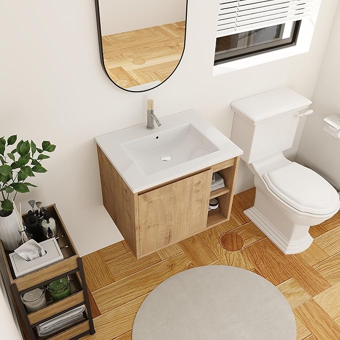 24 Inch Bathroom Vanity with White Sink Combo,Wall-Mounted Bathroom Vanity 1 Door&Right Side Shelf for Small Space, Modern Floating Bathroom Cabinet with Top Basin,Brown