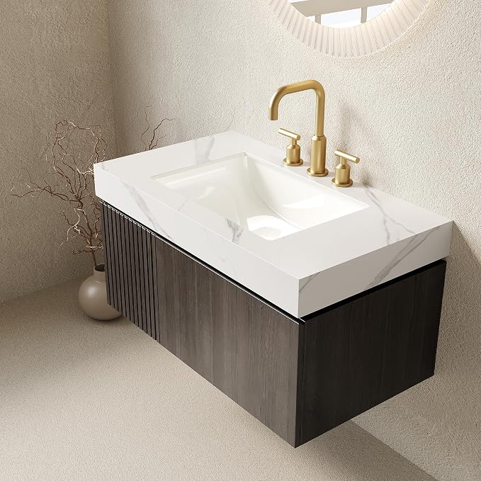 KEIKI 36 Inch Floating Bathroom Vanity with Sink, Espresso & White | Modern Wall Mounted Storage Cabinet w/ Drawer & Door, Pre-assembled Wood Panels, Sintered Stone Top & Ceramic Basin Combo Set