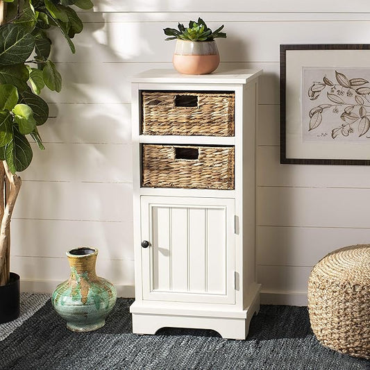 SAFAVIEH Home Collection – Connery Distressed Vintage White Storage Cabinet with Rattan Baskets & Bottom Door, Farmhouse Accent Storage, Fully Assembled (AMH5742B)