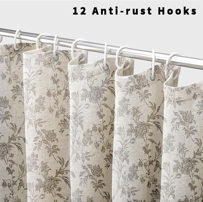 WOUVMA Vintage Farmhouse Shower Curtain for Bathroom Grey Shower Curtain Floral Cotton Linen 72" W x 72" L