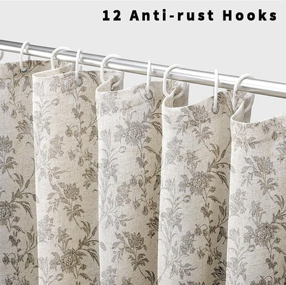 WOUVMA Vintage Farmhouse Shower Curtain for Bathroom Grey Shower Curtain Floral Cotton Linen 72" W x 72" L