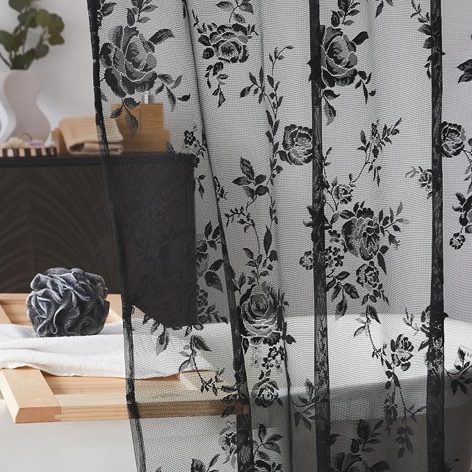 Black Lace Shower Curtain Luxury Vintage Floral Shower Curtain with Attached Valance Decorative Vintage Boho Bath Curtain for Master Bath Hotel Dark Gothic Halloween Victorian Decor, 1 Panel, 72 x 72