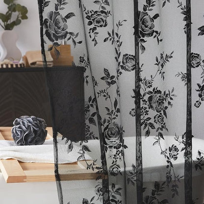 Black Lace Shower Curtain Luxury Vintage Floral Shower Curtain with Attached Valance Decorative Vintage Boho Bath Curtain for Master Bath Hotel Dark Gothic Halloween Victorian Decor, 1 Panel, 72 x 72