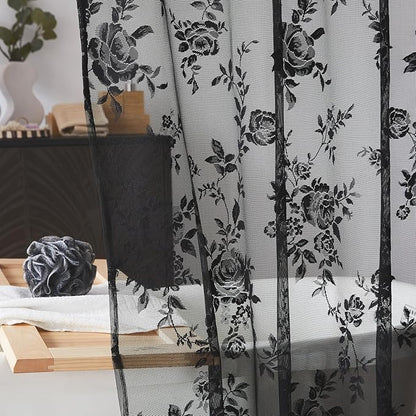 Black Lace Shower Curtain Luxury Vintage Floral Shower Curtain with Attached Valance Decorative Vintage Boho Bath Curtain for Master Bath Hotel Dark Gothic Halloween Victorian Decor, 1 Panel, 36 x 72