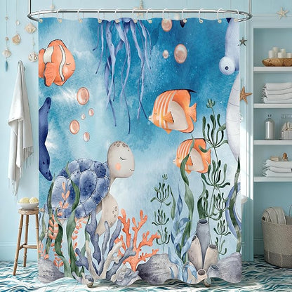 120GSM Beach Theme Waterproof Shower Curtain Set with 12PCS Hooks, Minimalist Watercolor Bathroom Décor,Bathroom Shower Curtains For Sea Turtle Washable Fabric Shower Curtain, 72 x 72 Inch (SeaWorld)