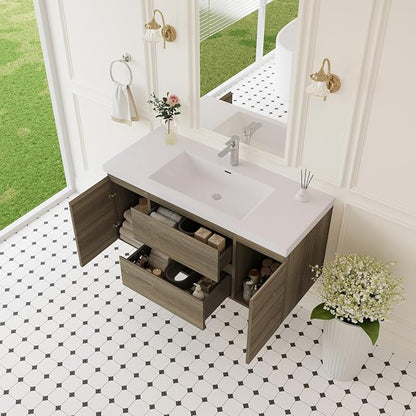 KEIKI 48'' Wall-Mounted Bathroom Vanity with Sink - Floating Design, 2 Soft-Close Drawers & Doors & Resin Basin, Space-Saving for Small Bathrooms, Ash Grey