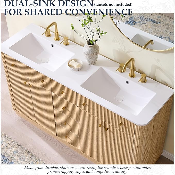 T4TREAM 60 Inch Bathroom Vanity with Sink, Modern Fluted Large Double Sink Bathroom Vanity with 2 Storage Cabinets, Adjustable Shelf, and 3 Small Drawers, Natural Oak