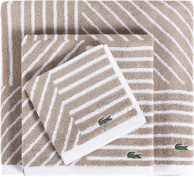 Lacoste Guethary Striped 6PC Towel Set – 100% Cotton, Reversible Design, Durable & Lightweight, Machine Washable – Sand, 2 Bath Towels (30"x54"), 2 Hand Towels (16"x30"), 2 Washcloths (13"x13")