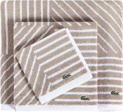 Lacoste Guethary Striped 6PC Towel Set – 100% Cotton, Reversible Design, Durable & Lightweight, Machine Washable – Sand, 2 Bath Towels (30"x54"), 2 Hand Towels (16"x30"), 2 Washcloths (13"x13")