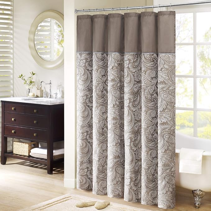 Madison Park Aubrey Shower Curtain for Bathroom, 72 x 72, Blue/Brown | Microfiber, Adds Privacy, Machine Washable, Striped Pattern, Jacquard, OEKO-TEX Certified