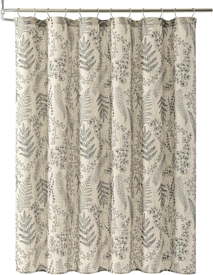Lush Decor - Shower Curtain, Textured Linen Design, Botanical Dreams, Floral Bathroom Decor (Light Linen/Black, 72" x 72")