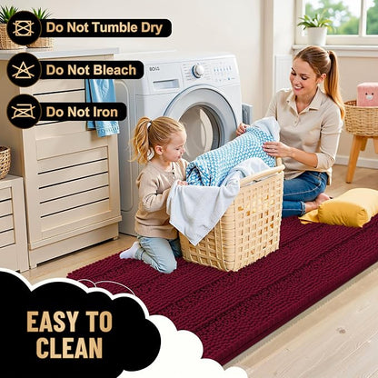 OLANLY Thick Bathroom Runner Rugs 47x24, Soft Chenille Bath Rugs, Burgundy | Absorbent Striped, Rubber Backing, Machine Wash, Long Bath Mats for Bathroom Floor, Tub and Shower, Home Decor Accessories
