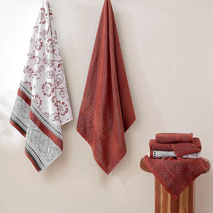 Modern Threads Floral Trail 6-Piece 100% Cotton Towel Set – Reversible Yarn Dyed Jacquard – Includes 2 Bath Towels, 2 Hand Towels, 2 Washcloths – Absorbent, Quick Dry, Soft & Durable – Rust Orange