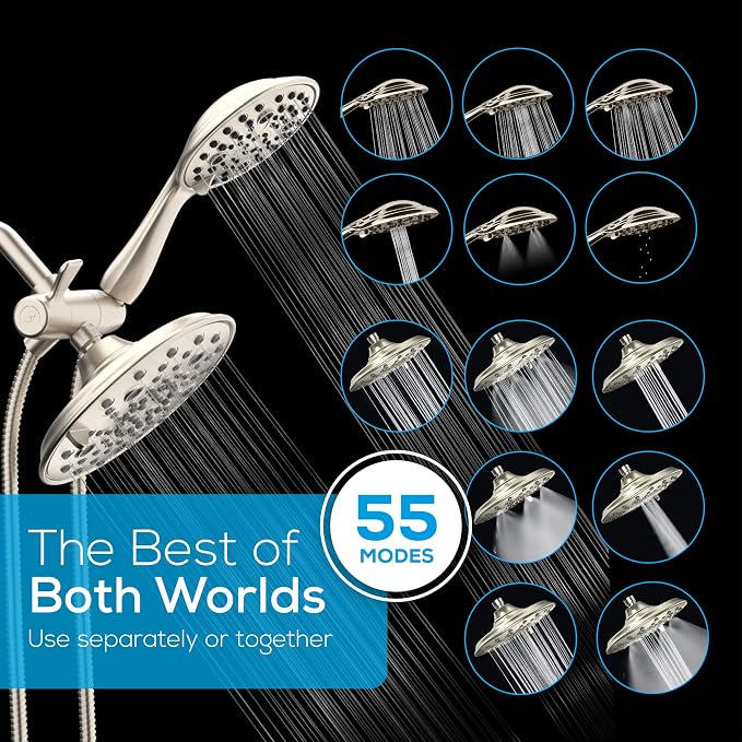 SparkPod Dual Shower Head - 8'' High Pressure 55-Mode Rain Shower Heads with Handheld Spray Combo - Rainfall, Handheld & Dual Mode - Easy Install 3-Way Showerhead with Hose & Holder (Brushed Nickel)