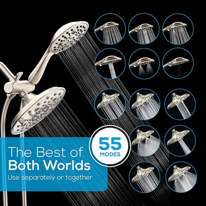 SparkPod Dual Shower Head - 8'' High Pressure 55-Mode Rain Shower Heads with Handheld Spray Combo - Rainfall, Handheld & Dual Mode - Easy Install 3-Way Showerhead with Hose & Holder (Brushed Nickel)