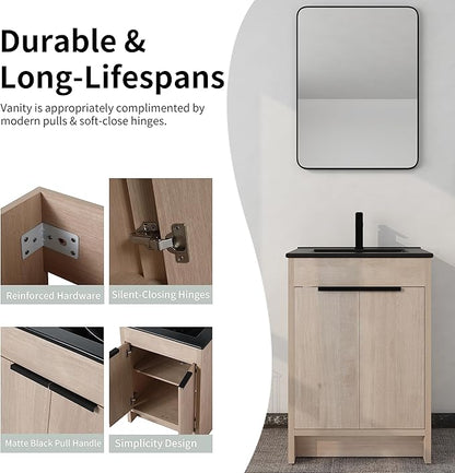 24'' Freestanding Bathroom Vanity, 24 Inch Floor Stand Bathroom Vanity with Sink, Single Black Sink Cabinet Set, Modern Storage Cabinet, with Soft Closing Door, 02424PLO+BL9060BK