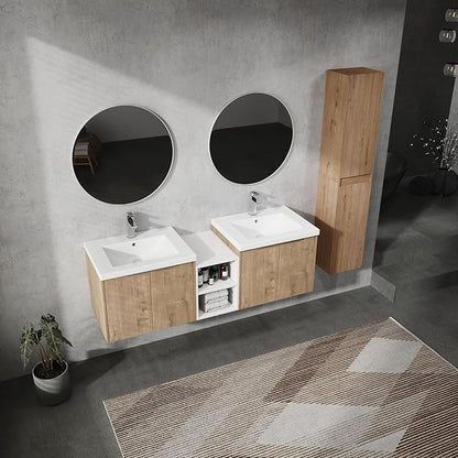 SSLine 60-Inch Double Sink Vanity Modern Wall Mounted Bathroom Vanity with Double Sink 60" Large Floating Bathroom Vanities Set with White Open Storage Shelf & 2 Side Cabinets,Brown White