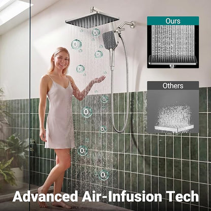 12" XXL Rainfall Shower Head with Handheld Combo Set, Nickel Brushed | High Pressure, Magnetic Docking, Air-Infusion Tech, Anti-Leak One-Piece Design, Dual Square Showerhead