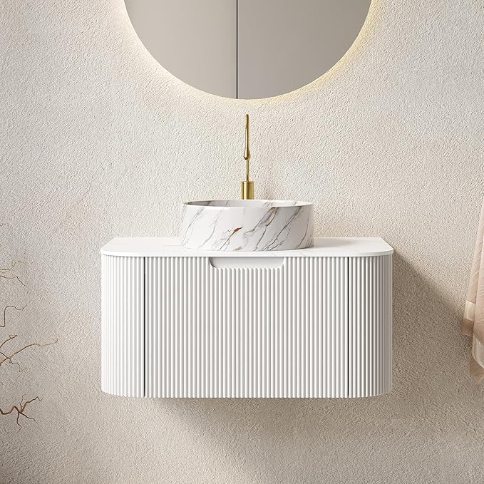 LKTART 30 Inch Floating Bathroom Vanity with Sink, Modern Wall Mounted Bathroom Storage Cabinet with Drawer, Stone Pattern Round White Ceramic Sink Top and Marble Texture Top, White