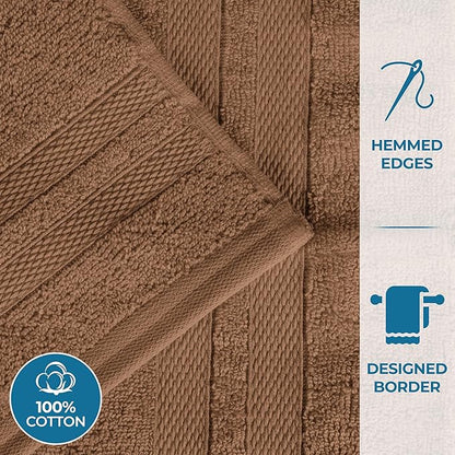 Superior Ultra-Soft Cotton Towel Set, 4 Bath Towels, 4 Hand Towels, 4 Face Towels/Washcloths, Quick-Dry, Shower, Spa Basics, Essentials, Solid, Double Line Dobby Border, 12 Piece Set, Chocolate