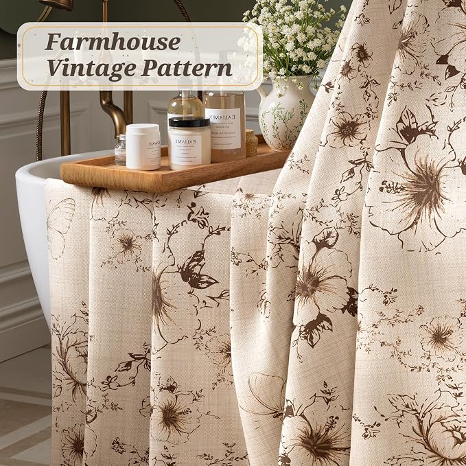 Vintage Floral Shower Curtain with 12 Clear Rings - 72" W x 72" L | Farmhouse Fabric Faux Linen Shower Curtain Set, French Country Cottagecore Style Shower Curtain for Bathroom