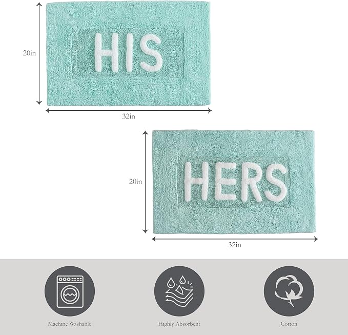 Jean Pierre Cotton 2-Piece Bath Rug Set - Soft Cotton Bath Mat - Bathroom Decor - Water Absorbent and Machine Washable - Measures 20"x32"- "His & Hers"- Aqua Blue