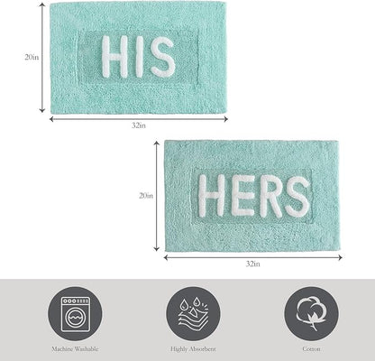Jean Pierre Cotton 2-Piece Bath Rug Set - Soft Cotton Bath Mat - Bathroom Decor - Water Absorbent and Machine Washable - Measures 20"x32"- "His & Hers"- Aqua Blue
