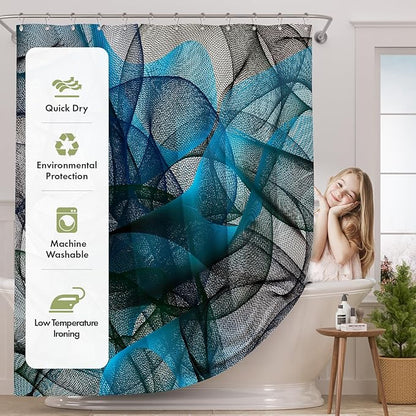 AmazerBath Shower Curtain Blue, Abstract Black Striped Cloth Shower Curtain Sets with 12 Shower Curtain Hooks, Luxury Rustic Fabric Washable Shower Curtain for Bathroom Home Decor, 72x72 Inches