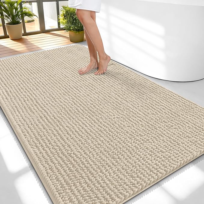 OLANLY Thick Chenille Large Bathroom Rugs 59x35, Absorbent Bath Mat, Sand | Soft Bath Rugs, Rubber Backing, Machine Wash Dry, Bath Mats for Bathroom, Tub and Shower, Home Decor Accessories