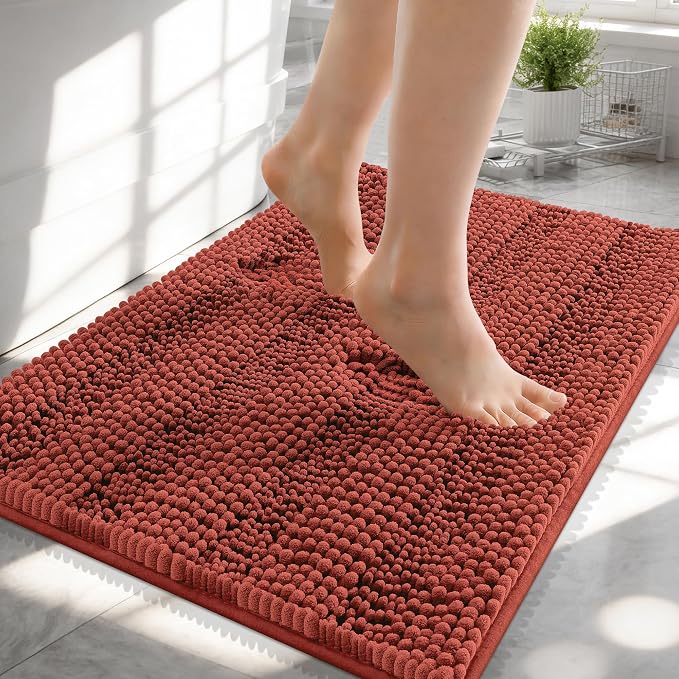 OLANLY Small Bathroom Rugs 24x16, Chenille Bath Rugs, Rustic Terracotta | Rubber Backing, Machine Wash, Extra Absorbent Striped Bath Mats for Bathroom Floor, Tub and Shower, Home Decor Accessories