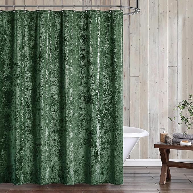 Fredsure Distressed Velvet Shower Curtain Set, 13 Pieces Blackish Green Including 1 Piece 72"x72" Shower Curtain and 12 Pieces Silver Hooks
